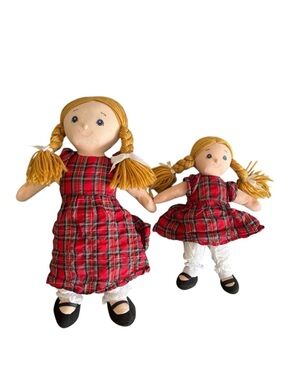 Big and Little Sister Plush Dolls Yarn Hair Red Tartan Plaid Dresses All Ages